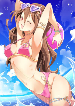 1girl ;d arm_strap armpits arms_up ball bass_clef beachball bikini blue_sky bracelet brown_hair cloud cloudy_sky commentary_request dutch_angle earrings eyewear_on_head fortissimo hair_ornament hairband halterneck hamuhamu heart heart-shaped_eyewear holding holding_ball holding_behind_neck horizon jewelry kimi_to_idol_precure long_hair looking_at_viewer musical_note musical_note_earrings musical_note_hair_ornament natural_sign navel ocean one_eye_closed open_mouth partial_commentary pink_bikini pink_hairband precure purple-framed_eyewear purple-tinted_eyewear red_eyes sakura_uta_(precure) sharp_sign sky smile solo standing swimsuit tinted_eyewear treble_clef wading