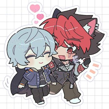 2boys animal_ears black_hair black_jacket blue_jacket chibi commentary_request dog_boy dog_ears dog_tail gogogalar green_pants grey_hair happy heart jacket komano_manato male_focus multicolored_hair multiple_boys pants red_eyes red_hair scar scar_on_face shoes smile tail tail_wagging white_shoes wise_(zenless_zone_zero) zenless_zone_zero