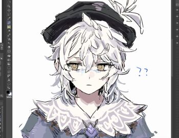 1boy ? art_program_in_frame black_hat blue_facepaint blue_shirt closed_mouth commentary_request edgar_valden facepaint feather_hair feathers frilled_shirt_collar frills gem hair_between_eyes hair_down hat hat_feather identity_v looking_to_the_side male_focus medium_hair official_alternate_costume portrait purple_gem shirt sinzourrrrr solo unfinished white_background white_feathers white_hair yellow_eyes