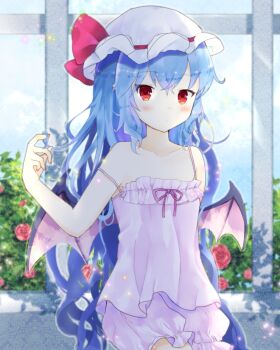1girl alternate_hair_length alternate_hairstyle bat_wings bloomers blue_hair blush camisole collarbone commentary_request flower hat hat_ribbon highres long_hair looking_at_viewer minatsuki_yurara mob_cap pink_bloomers pink_camisole red_eyes red_flower red_rose remilia_scarlet ribbon rose solo strap_slip touhou underwear very_long_hair wings