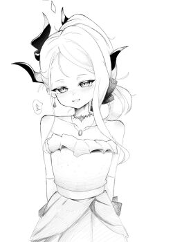 1girl blue_archive blush breasts demon_girl demon_horns dress earrings gloves hakuita halo highres hina_(blue_archive) hina_(dress)_(blue_archive) horns jewelry looking_at_viewer monochrome necklace pendant simple_background small_breasts solo white_background