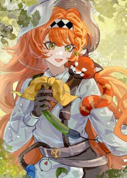 Rule 34 | 1girl, :d, absurdres, animal, animal on shoulder, braid, braided sidelock, brown gloves, brown hat, brown shorts, checkered hairband, chinese commentary, commentary request, commission, gloves, green background, hairband, hand up, hat, highres, jingshen kongji, long hair, looking at animal, looking to the side, neckerchief, official alternate costume, open mouth, orange hair, plant, red panda, reverse:1999, shirt, shorts, smile, solo, sonetto (reverse:1999), two side up, upper body, white shirt, yellow neckerchief