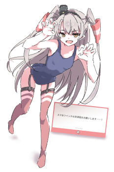 1girl amatsukaze_(kancolle) blue_one-piece_swimsuit brown_eyes commentary_request curled_fingers fang full_body garter_straps grey_hair hair_tubes hat highres jally_(jallyholly) kantai_collection leaning_forward long_hair looking_at_viewer mini_hat new_school_swimsuit one-piece_swimsuit red_thighhighs request_inset school_swimsuit skin_fang smokestack_hair_ornament solo swimsuit thighhighs two_side_up