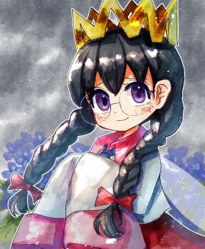 Rule 34 | 1girl, black hair, bow, braid, crown, fairy, fairy wings, hair bow, highres, kirby (series), kirby 64, long hair, looking at viewer, low twin braids, nintendo, pp (mjmf4547), purple eyes, red bow, ripple star queen, sleeves past fingers, sleeves past wrists, smile, twin braids, wings