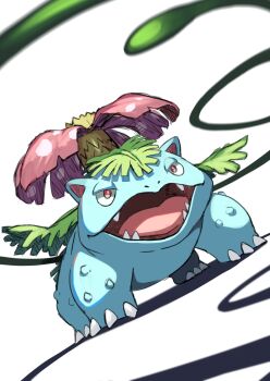 all_fours blue_skin colored_skin fangs flower full_body gen_1_pokemon highres looking_at_viewer nintendo no_humans open_mouth plant pokemon pokemon_(creature) pokemon_focus red_eyes solo tesshii_(riza4828) venusaur vine_whip vines white_background