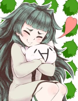 1girl ^_^ blunt_bangs blush closed_eyes closed_mouth commentary_request green_hair heart hiyajou_maho hugging_object long_hair messy_hair sadarann science_adventure simple_background smile steins;gate steins;gate_0 stuffed_animal stuffed_toy very_long_hair
