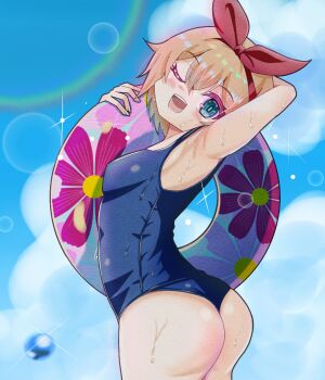 1girl :d ;d aqua_eyes armpits ass bare_arms black_one-piece_swimsuit blonde_hair blue_sky blush bow breasts cloud commentary day english_commentary flukechan hair_between_eyes hair_bow highres innertube looking_at_viewer old_school_swimsuit one-piece_swimsuit one_eye_closed open_mouth outdoors petra_leyte presenting_armpit re:zero_kara_hajimeru_isekai_seikatsu red_bow school_swimsuit short_hair sky small_breasts smile solo standing swim_ring swimsuit teeth upper_teeth_only wet