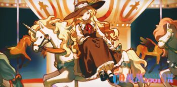 1girl absurdres black_shoes blonde_hair bobby_socks brown_hat brown_skirt brown_vest carousel commentary_request dolls_in_pseudo_paradise favnvs_(s910a_ib6) feathers frilled_hat frilled_shirt_collar frilled_skirt frilled_sleeves frilled_socks frills green_feathers hat hat_feather highres horseback_riding jacket_girl_(dipp) long_hair long_sleeves mary_janes neck_ribbon red_eyes red_ribbon ribbon riding shirt shoes sitting skirt socks solo touhou very_long_hair vest wavy_hair white_shirt white_socks