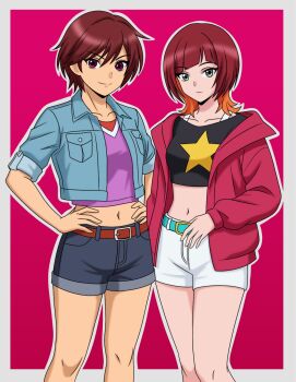 2girls digimon digimon_beatbreak digimon_savers everything_goes_numb fujieda_yoshino jacket multiple_girls pink_eyes pink_hair sakuya_reina short_hair star_(symbol)