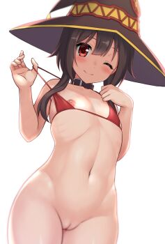 1girl bare_arms bare_shoulders bikini black_collar blush bottomless cleft_of_venus closed_mouth collar collarbone commentary_request cowboy_shot flat_chest hands_up hat highres hormone_koijirou kono_subarashii_sekai_ni_shukufuku_wo! looking_at_viewer megumin micro_bikini navel nipples one_eye_closed pussy red_bikini red_eyes short_hair short_hair_with_long_locks simple_background smile solo stomach strap_pull swimsuit white_background witch_hat