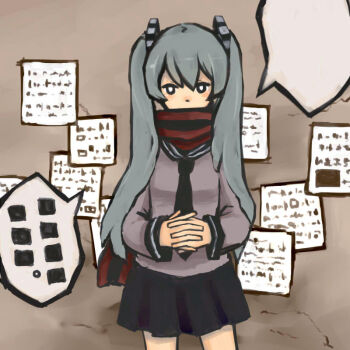 ..._(shizaki) 1girl alternate_costume alternate_eye_color alternate_hair_color black_eyes black_necktie black_sailor_collar black_skirt blank_speech_bubble bright_pupils censored censored_text commentary_request cowboy_shot expressionless grey_hair grey_shirt hair_ornament hatsune_miku interlocked_fingers light_blush long_sleeves looking_at_viewer mugs_(vocaloid) necktie note own_hands_together pleated_skirt red_scarf sailor_collar scarf scarf_over_mouth school_uniform serafuku shirt skirt solo speech_bubble standing striped_clothes striped_scarf twintails vocaloid white_pupils