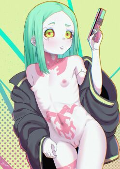 1girl andro_gs arm_at_side artist_name black_jacket blush breasts colored_sclera colored_skin confused cowboy_shot cyberpunk:_edgerunners cyberpunk_(series) cyborg embarrassed eyelashes female_focus green_background green_eyes green_hair grey_skin gun hand_up handgun highres holding holding_gun holding_weapon jacket loli long_hair looking_at_viewer matching_hair/eyes naked_jacket navel nipples open_clothes open_jacket parted_lips pussy rebecca_(cyberpunk) red_sclera ribs simple_background small_breasts solo stomach_tattoo tattoo teeth uncensored weapon