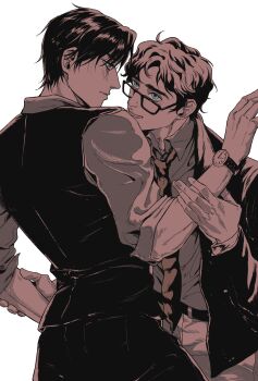 2boys batman_(series) belt belt_buckle bruce_wayne buckle clark_kent closed_mouth collared_shirt commentary_request dc_comics eye_contact glasses greyscale hand_on_another&#039;s_arm highres looking_at_another male_focus matta425183 monochrome multiple_boys necktie pants shirt shirt_tucked_in short_hair simple_background smile spot_color superman_(series) vest watch white_background wing_collar wristwatch yaoi