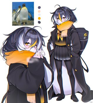 1girl absurdres ahoge bag bird black_hair black_pantyhose black_shirt black_shoes black_skirt blonde_hair closed_mouth enpera hair_between_eyes hands_in_pockets haze_(7h4ze) highres long_sleeves looking_at_viewer multicolored_hair multiple_views neckerchief original oversized_jacket pantyhose penguin penguin_girl photo_inset pleated_skirt sailor scarf school_bag shirt shoes short_hair simple_background skirt sleeves_past_wrists steepled_fingers streaked_hair white_background white_hair yellow_neckerchief yellow_scarf