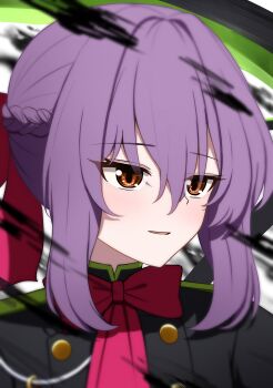 1girl absurdres black_shirt bow braid hair_bow half_up_braid highres hiiragi_shinoa owari_no_seraph purple_hair red_bow red_eyes shirt simple_background solo upper_body watakaze white_background