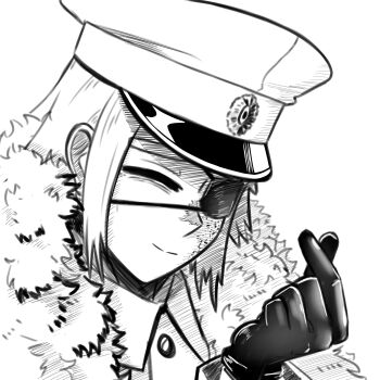 1girl absurdres black_gloves closed_eyes coat collared_shirt commentary english_commentary eyepatch facial_scar finger_heart fluffkaiser fur-trimmed_coat fur_trim gloves hat highres manchurian_imperial_army military military_uniform monochrome original peaked_cap scar scar_on_cheek scar_on_face shirt short_hair simple_background smile solo white_background
