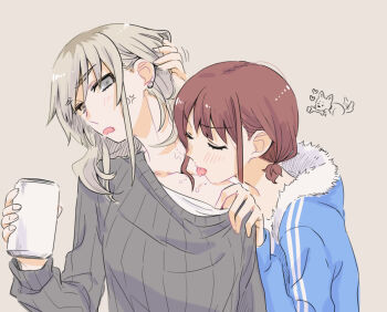 2girls anger_vein beer_can bite_mark bite_mark_on_neck black_sweater blue_jacket brown_background can closed_eyes commentary drink_can earclip girls_band_cry grey_eyes grey_hair hand_on_another&#039;s_shoulder holding holding_can iseri_nina jacket kawaragi_momoka licking licking_another&#039;s_neck long_hair multicolored_hair multiple_girls open_mouth red_hair rinda_(44927) roots_(hair) saliva short_twintails simple_background sweater tongue tongue_out twintails yuri