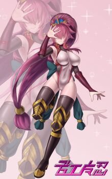 Rule 34 | 1girl, absurdres, armored boots, armpits, black thighhighs, boots, breasts, closed mouth, detached sleeves, duel masters, gold trim, hair ornament, hair over eyes, high ponytail, highleg, highleg leotard, highres, impossible clothes, islay (duel masters), leotard, logo, long hair, low-tied long hair, ponytail, purple hair, skin tight, sparkle, taimanin suit, thighhighs, wato (watto1005), white leotard, zoom layer