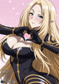 Rule 34 | 1girl, alpha (kagejitsu), black bodysuit, blonde hair, blue eyes, blush, bodysuit, breasts, cleavage, commentary request, elf, from side, heart, heart hands, highres, kage no jitsuryokusha ni naritakute!, large breasts, looking at viewer, makiri akira, open mouth, pink background, pointy ears, simple background, smile, solo, twitter username