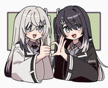 2girls :d allial_(coefont) black_hair black_jacket blush_stickers border coefont collared_shirt commentary_request corn_kuten cropped_torso green_background grey_eyes grey_hair grey_shirt hair_between_eyes hair_ornament half-heart_hands jacket long_hair long_sleeves looking_at_viewer millial_(coefont) multicolored_hair multiple_girls one_side_up open_clothes open_jacket open_mouth outside_border polka_dot polka_dot_background shirt smile thumbs_up two-tone_hair watermark white_border white_jacket wide_sleeves