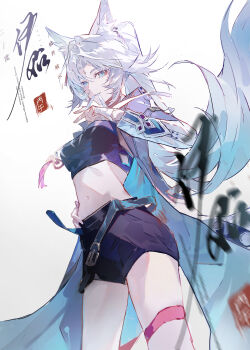 1girl absurdres alternate_costume animal_ears bandaged_hand bandages black_shorts blue_eyes breasts chinese_commentary coat commentary_request crop_top feixiao_(honkai:_star_rail) forehead_jewel fox_ears fox_girl gradient_hair hand_on_own_hip highres honkai:_star_rail honkai_(series) long_hair looking_at_viewer medium_breasts multicolored_hair navel ponytail refa shorts solo stomach white_coat white_hair