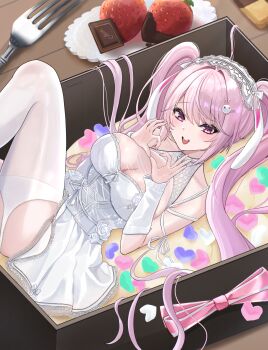 Rule 34 | 1girl, absurdres, alice (marchen dream) (nikke), alice (nikke), box, breasts, commentary, commentary request, dress, english commentary, four-finger heart hands, goddess of victory: nikke, heart, heart hands, highres, in box, in container, large breasts, looking at viewer, mixed-language commentary, official alternate costume, pink eyes, pink hair, solo, sunameri (pixiv3564245), thighhighs, twintails, valentine, white dress, white headdress, white thighhighs