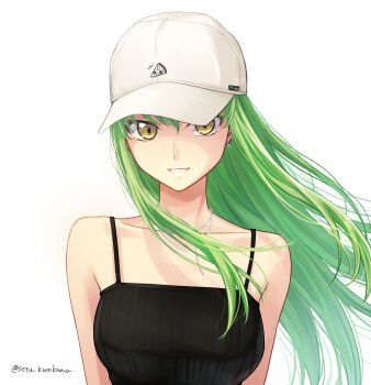 1girl artist_name baseball_cap black_camisole breasts c.c. camisole code_geass collarbone commentary_request green_hair grin hat highres long_hair looking_at_viewer medium_breasts setu_kurokawa simple_background sleeveless smile solo spaghetti_strap twitter_username upper_body watermark white_background white_hat yellow_eyes