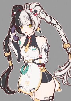 1girl absurdres animal_print bare_shoulders bear_print bell bell_earrings black_hair braid detached_sleeves dialyn_(zenless_zone_zero) dress earrings hair_ornament highres jewelry long_hair looking_at_viewer multicolored_hair multicolored_nails necktie panda_hair_ornament panda_print shiro_mameru_e solo split-color_hair twin_braids white_hair wire yellow_eyes yellow_necktie zenless_zone_zero