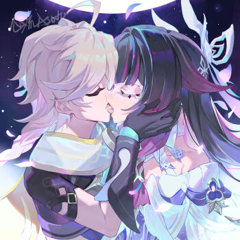 1boy 1girl absurdres aether_(genshin_impact) ahoge black_hair blonde_hair bow braid closed_eyes columbina_(genshin_impact) dress french_kiss genshin_impact gloves hetero highres kiss white_dress wings xinliu_asato