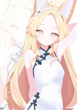 1girl absurdres alternate_costume animal_ear_fluff animal_ears arm_behind_head artist_name aurelia88 bare_shoulders blonde_hair blue_archive breasts bright_pupils china_dress chinese_clothes closed_mouth commentary cross_halo dress english_commentary extra_ears eyelashes flower flower_hairband forehead fox_ears fox_girl gradient_eyes hair_flower hair_ornament halo highres long_hair multicolored_eyes pink_eyes seia_(blue_archive) signature small_breasts solo straight-on white_dress white_pupils yellow_eyes yellow_halo zoom_layer
