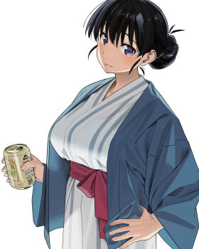 1girl arato_nagi bath_yukata black_hair blue_eyes blue_robe blush breasts can drink_can earrings grey_kimono hair_bun highres holding holding_can japanese_clothes jewelry kimono large_breasts long_hair long_sleeves looking_at_viewer noeru red_sash robe ruri_no_houseki sash simple_background solo stud_earrings white_background yukata