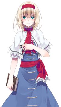 Rule 34 | 1girl, alice margatroid, aqua eyes, arm at side, blonde hair, blue dress, blush, book, capelet, closed mouth, commentary request, constricted pupils, cowboy shot, crote, dress, fingernails, furrowed brow, hairband, hand up, highres, holding, holding book, jewelry, large variant set, looking at viewer, multiple rings, neckerchief, red hairband, red neckerchief, red sash, ring, sash, short hair, solo, standing, tachi-e, touhou, transparent background, variant set, white capelet, wide-eyed