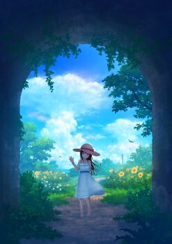 1girl absurdres au_ito bare_arms barefoot bird black_hair blue_sky bow bush closed_mouth cloud cloudy_sky collarbone cumulonimbus_cloud dress falling_leaves floating_clothes floating_hair flower grass hat hat_bow hat_ribbon highres leaf long_hair looking_at_viewer nature original path pink_bow pink_eyes pink_ribbon plant power_lines ribbon road scenery sky sleeveless sleeveless_dress smile straight-on straight_hair straw_hat sundress tree tunnel utility_pole vines waving white_dress white_flower wide_shot wrist_ribbon yellow_flower