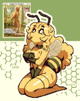 1girl abdomen_tail antennae arthropod_girl bee bee_girl bee_wings black_gloves black_sclera breasts bug colored_sclera commentary covering_breasts covering_privates extra_arms gloves honeycomb_(pattern) honeycomb_background insect insect_girl insect_wings large_breasts long_hair nude original photo-referenced photo_inset pixel_art rolling_stone_(magazine) sabrina_carpenter seiza sitting solo stinger thighhighs thisislux wings