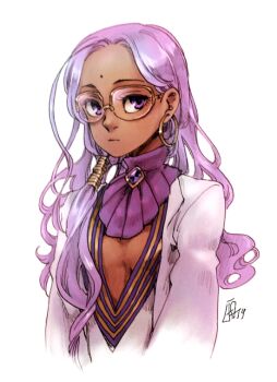 10s 1girl bindi breasts closed_mouth dark_skin earrings facial_mark fate/extra fate_(series) forehead_mark glasses jewelry lab_coat ladugard light_purple_hair long_hair petite purple_eyes rani_viii simple_background small_breasts type-moon upper_body v-neck wavy_hair white_background