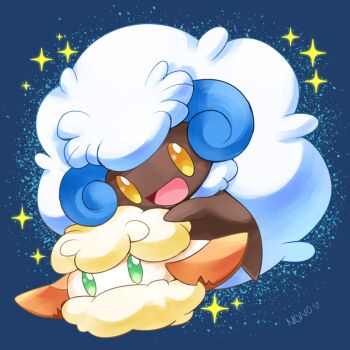 alternate_color artist_name cottonee curled_horns evolutionary_line gen_5_pokemon green_eyes highres horns nintendo no_humans nono_(norabi) open_mouth pokemon shiny_pokemon sparkle whimsicott yellow_eyes