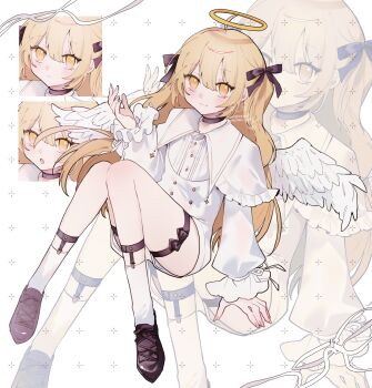 Rule 34 | 1girl, :o, ahoge, angel wings, black bow, black choker, blonde hair, bow, brown shoes, capelet, choker, closed mouth, commentary request, commission, feathered wings, full body, halo, hand up, highres, kneehighs, knees together feet apart, legwear garter, long sleeves, looking at viewer, multiple views, najimaru, open mouth, original, puffy sleeves, puritan collar, romper, shoes, sitting, skeb commission, socks, star (symbol), star in eye, symbol in eye, thigh strap, traditional halo, white bow, white capelet, white romper, white socks, white wings, wings, yellow eyes, zoom layer