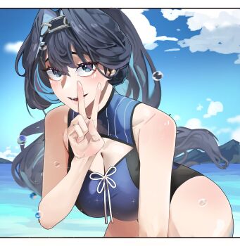 Rule 34 | 1girl, :d, absurdres, bare arms, bare shoulders, black hair, blue eyes, blue hair, blue sky, breasts, chain, chain headband, cleavage, cleavage cutout, clothing cutout, cloud, commentary, day, hair between eyes, highres, hololive, hololive english, large breasts, leaning forward, long hair, looking at viewer, mountainous horizon, official alternate costume, one-piece swimsuit, open mouth, ouro kronii, ouro kronii (holonatsu paradise), outdoors, ponytail, rikuje, sky, smile, solo, swimsuit, v, virtual youtuber, water