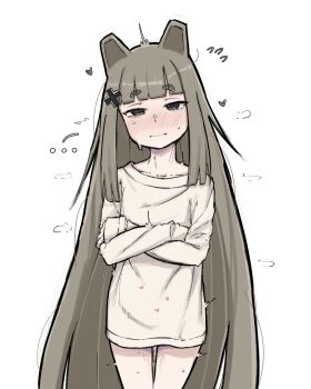 ... aftersex blunt_bangs borrowed_character bottomless brown_hair commission cum cumdrip heart highres long_hair maltese_cross maus_girl_(mliko444) mechanical_ears no_panties original second-party_source simple_background thick_eyebrows very_long_hair white_background zlix0n