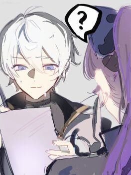 1boy 1girl ? blue_eyes bow chinese_commentary close-up closed_mouth coat collared_coat commentary_request couple dijun66782 from_behind grey_background hair_between_eyes hair_bow highres holding holding_paper holding_pen honkai_(series) honkai_impact_3rd jacket kevin_kaslana light_smile long_hair looking_down mei_(honkai_impact) nervous_smile nervous_sweating open_clothes open_coat paper pen purple_hair shade smile spoken_question_mark standing sweat upper_body white_hair