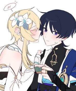 Rule 34 | 1boy, 1girl, anemo symbol (genshin impact), arm cutout, armor, averting eyes, bare shoulders, black bodysuit, black bridal gauntlets, black hair, blonde hair, blue cape, blue flower, blue gem, blue kimono, blue sleeves, blue trim, blunt ends, blush, bodysuit, breasts, bridal gauntlets, cape, choppy bangs, closed mouth, clothing cutout, colored eyelashes, couple, covered collarbone, cup, detached sleeves, dress, ear blush, eyelashes, fingernails, flower, gem, genshin impact, gold ring, grey trim, hair flower, hair ornament, hand on another's shoulder, hetero, highres, holding, holding cup, imminent kiss, japanese armor, japanese clothes, juban, kimono, kote, kurokote, layered sleeves, leaning forward, lumine (genshin impact), mandarin collar, middle ring, multicolored flower, multicolored hair, open clothes, open kimono, purple eyes, purple hair, san bgb, scaramouche (genshin impact), scarf, short hair, short hair with long locks, short sleeves, shoulder blades, shoulder peek, sidelocks, small breasts, spoken blush, streaked hair, sweatdrop, teacup, tsurime, vision (genshin impact), wanderer (genshin impact), white background, white dress, white flower, white kimono, white scarf, white sleeves