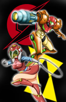 2girls :o absurdres arm_cannon armor boots breasts commission gloves helmet highres holding_hula_hoop kanda_momo medium_breasts megi2009 metroid multiple_girls nintendo pixiv_commission power_armor power_suit_(metroid) red_boots samus_aran varia_suit weapon white_gloves wonder_momo