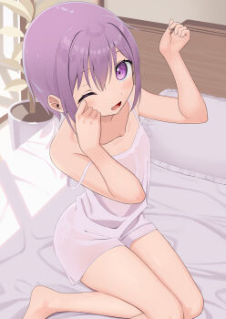 1girl apollo_(hu_maple) barefoot chemise collarbone commentary_request dot_nose foot_out_of_frame from_above hands_up highres indoors looking_at_viewer looking_up on_bed one_eye_closed open_mouth original panties pillow plant potted_plant purple_eyes purple_hair see-through_chemise see-through_clothes short_hair side-tie_panties sitting solo strap_slip underwear white_chemise white_panties yokozuwari