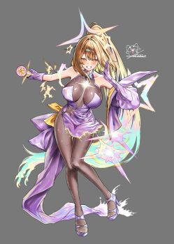 1girl ahoge anis_(nikke) anis_(star)_(starlight)_(nikke) asymmetrical_gloves bare_shoulders black_bodystocking blush bodystocking breasts brown_eyes brown_hair commentary_request dress elbow_gloves full_body gloves goddess_of_victory:_nikke high_heels highres holding holding_microphone ice_bear large_breasts long_hair looking_at_viewer microphone official_alternate_costume open_mouth ponytail purple_dress purple_gloves see-through_bodystocking see-through_cleavage see-through_clothes simple_background single_elbow_glove smile solo star_(symbol) symbol-shaped_pupils very_long_hair