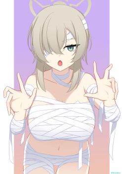 1girl absurdres artist_name bandage_on_neck bandage_over_one_eye bandaged_arm bandaged_chest bandaged_waist bandages blonde_hair blue_archive breasts claw_pose commentary cowboy_shot expressionless gradient_background green_eyes halloween_costume halo highres large_breasts medium_hair mons_pubis mummy_costume naked_bandage navel one_eye_covered open_mouth orange_background outside_border pillarboxed purple_background siranui_desu solo stomach straight-on suou_(blue_archive) twitter_username yellow_halo