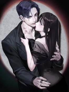 1boy 1girl absurdres bite_mark bite_mark_on_neck black_dress black_hair black_jacket black_shirt clothes_grab collar_grab collared_shirt cowboy_shot dress earrings facial_tattoo hand_in_another's_hair hand_on_another's_back hand_on_another's_waist hetero highres jacket jewelry long_hair multiple_earrings multiple_rings neckwear_grab off-shoulder_dress off_shoulder original parted_bangs parted_lips ring shirt short_hair spendthesummer spotlight suit_jacket tattoo