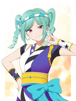 Rule 34 | 1girl, alternate costume, aqua hair, barkhorn0331, braid, commentary request, earrings, feet out of frame, highres, japanese clothes, jewelry, love live!, love live! superstar!!, medium hair, obi, onitsuka tomari, pink eyes, sash, simple background, smile, solo, standing, twin braids