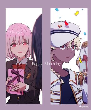 black_hair blonde_hair blush bow bowtie braid breasts dark-skinned_male dark_skin epaulettes gift gridman_universe happy_birthday highres himagosan jacket long_hair long_sleeves looking_at_viewer open_clothes open_mouth purple_hair purple_jacket red_bow red_eyes school_uniform shinjou_akane shirt short_hair sizumu smile ssss.dynazenon ssss.gridman takarada_rikka upper_body white_shirt