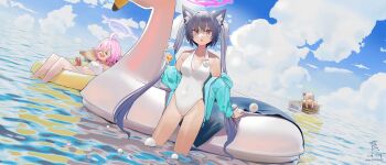 3girls absurdres animal_ear_fluff animal_ears aqua_cardigan azaz008 blue_archive blue_sky breasts cardigan cardigan_partially_removed character_request chinese_commentary choppy_bangs cleavage cloud cloudy_sky commentary_request covered_navel cup day grey_hair halo hand_up highres holding holding_cup horizon innertube long_hair looking_at_viewer medium_breasts multiple_girls ocean one-piece_swimsuit orange_eyes outdoors parted_lips pink_halo reflection reflective_liquid serika_(blue_archive) sky solo_focus swim_ring swimsuit twintails very_long_hair wading water white_one-piece_swimsuit