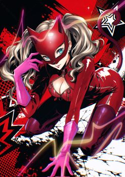 1girl ass blonde_hair bodysuit breasts cat_mask catsuit cleavage cleavage_cutout clothing_cutout commentary_request full-length_zipper gloves highres mask panther_(persona_5) persona persona_5 pink_gloves red_bodysuit red_buttons takamaki_ann tuxedo_cat twintails ume_1231 zipper